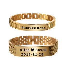 Charm Bracelets Acheerup Personalised Thick Watch Chain Men Bracelet Engrave Name Date Stainless Steel Bangle Gold Colour Punk Jewellery Male Gift 231206