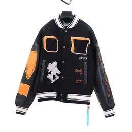 Offes Designer Jacket White Top Quality Men's Jackets Autumn Lovers Ow Heavy Industry Embroidered Wool Spliced Leather Sleeve Bomber Baseball D9x5