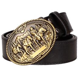 Belts Fashion Men's Leather Belt Knight Wild West Cowboy Style Hip Hop Rock Jeans Waistband Metal Golden Buckle 231206