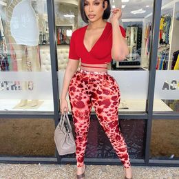 Women's Two Piece Pants Sexy Party Club Pant Sets Womens 2 Outfit Set Rave Festival Lace-up Crop Top And Leopard Legging Matching Tracksuit