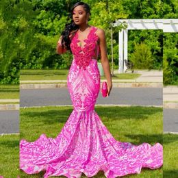 Elegant Fuchsia Prom Dresses Sheer Neck Sequin Party Gowns Zipper Vestidos De Gala African Women Evening Dress