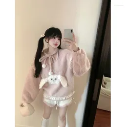 Women's Tracksuits Sweet Girl Suit Autumn/Winter Pink Loose Longsleeved Sweater High Waist Shorts Two-piece Set Fashion Female Clothes