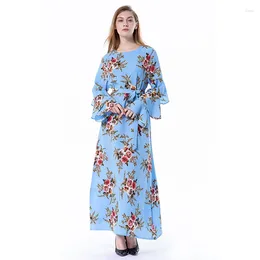 Ethnic Clothing Plus-Size Fashion Arab Muslim Dubai Saudi Ladies Abaya Fall Casual Simple Round Neck Print Long Petal Sleeved Women's