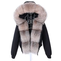 Damen Pelz Kunstpelz MAOMAOKONG Mode Kurze Damen Echtpelz Mantel Natürlicher Großer Waschbären Pelzkragen Winter Parka Bomberjacke Wasserdicht 231206