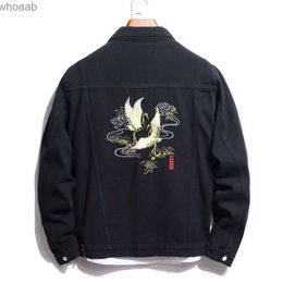 Men's Jackets Men Crane Embroidery Denim Jacket Bird Embroidered Jean Coat Casual Top Outerwear Black Blue YQ231207