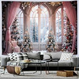 Tapestries Christmas Party Tapestry Fireplace Christmas Tree and Gifts Snow Scene Home Patio Wall Hanging Decor Blanket Living Room Mural 231207