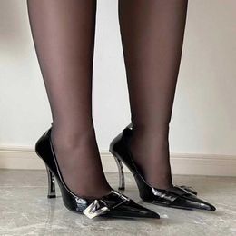 Early Spring New Black Patent Leather Pointed Metal Fine Heel High Heels Female Belt Buckle Sexy Niche Single Shoes 122123a