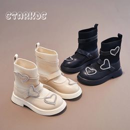 Boots Autumn High Top Kids Shoes Girls Hearts Mary Jane Flats Children Soft Knitted Slip on Sock with Crystal Belts 231207