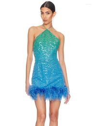 Casual Dresses Women Christmas Sexy Backless Halter Celebrity Mesh Sequins Feather Blue Mini Gowns Elegant Evening Party Club Dress