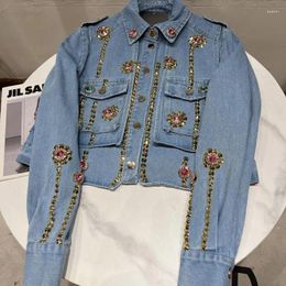 Women's Jackets Small Fragrance Colorful Rhinestone Bead Denim Jacket Women Chain Heavy Industry Design Short Outwear