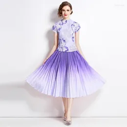 Women's Two Piece Pants Runway Miyake Summer 2 Set Elegant Women Purple Flower Print High Waist T-shirt Gradient Pleated Midi Skirts Suits