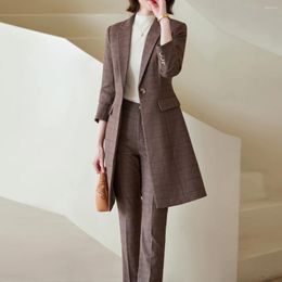 Women's Two Piece Pants Autumn Winter Plaid Suits Office Long Trench Coat Slim Blazers Pencil Suit Female Casual Elegant Lady 2 Sets