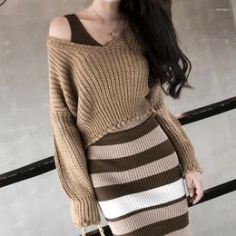 Work Dresses Sweater & Dress Autumn Winter Style Two Piece Suits Stripe Women Suit 02-ST-fgdmtw