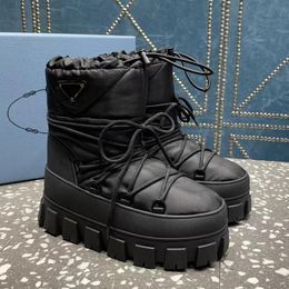 Designer Women Black White Snow Boots Ski Shoes Waterproof Nylon Lace Up Winter Boot Warm Platform Ankle Booties