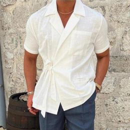 Men's Casual Shirts Summer Men Solid Color Linen Short-sleeved Elegant Shirt Lapel Strap French Gentleman Loose Simple Top Clothes For