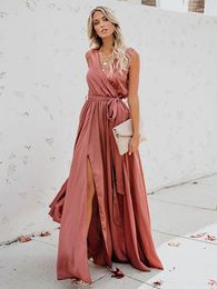 Casual Dresses Elegant Solid Spaghetti Strap Beach Tunic Dress Sleeveless Sexy V-Neck Vacation 2023 Women Summer Floor-Length NA988