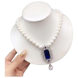 Pendant Necklaces HABITOO Natural 10-11mm White Round Baroque Freshwater Pearl Choker Necklace Blue Cubic Zircon Jewellery for Women