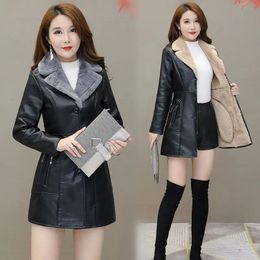 Women's Jackets Spring and Autumn style plush thick leather jacket for women medium length slim fitting fur collar 231206