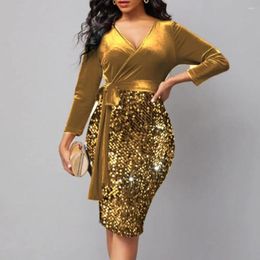 Casual Dresses Women Spring Dress Sparkling Sequin V-neck Mini For Slim Belted Waist 3/4 Sleeves Party Ready Spring/autumn Fashion