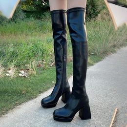 Boots Square Head PU Thick Heeled Knee Length For Women With High Sleeves And Slim Knights Retro Heels Spicy Girls