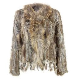 Women's Fur Faux Fur Natural Knitted Rabbit Fur Vest With raccoon Fur Collar long sleeve fur coat with tassel Customised fur overcoat large size 231206