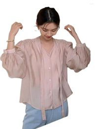 Women's Blouses 2023 Summer Loose Fashion Tops Large Size Long Sleeve Korean Shirts Casual Lyocell Blouse Solid Colour Thin