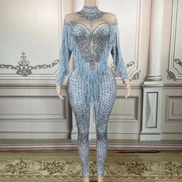 Stage Wear Dancer Show Rompers Performance Women Sexy Sparkly Rhinestones Tassel Jumpsuit Long Sleeve Birthday Party Outfit