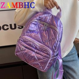 Evening Bags Fashion Gloss Women's Backpack Quilted Down Fabric Cotton Backpacks for Teenagers Girls High Capacity Padded Space Back Bag 231207