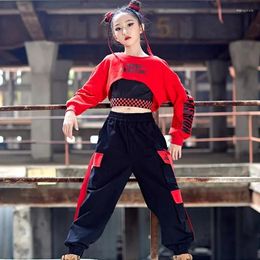 Stage Wear Children Jazz Dance Performance Hip Hop Costumes For Kids Red Crop Tops Loose Pants Streetwear