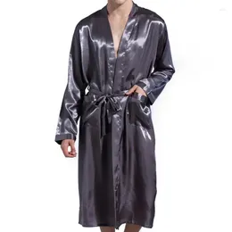 Men's Sleepwear Men Solid Color Silk Satin Robes Pajamas Long Sleeve Kimono Male Bathrobe Leisure Loungewear Dressing Nightgown