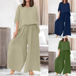 Women's Pants Womens Plus Size Suits Cotton Linens Summer Casual Simple Solid Color Thin Mid Sleeve Wide Leg Shirts Trouser