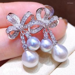 Dangle Earrings MeiBaPJ 8-9mm Natural White Rice Pearls Fashion Bow Drop 925 Silver Empty Tray Fine Wedding Jewellery For Women