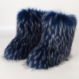 New Winter Women Fur Boots Woman Fluffy Furry Faux Fur Snow Boots Female Plush Outside Flat Shoe Ladies Warm Slip On Ankle Boots