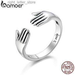 Solitaire Ring bamoer 925 Sterling Silver Double Layer Give Me A Hug Ring Hand Open Finger Rings for Women Adjustable Ring Jewellery SCR136 YQ231207