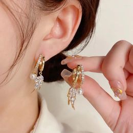 Hoop Earrings Copper Plated 18K Gold Korean Inlaid Zirconia Wheat Pearl Shape Women High Quality Jewelry