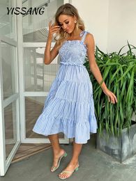 Casual Dresses Tobinoone Knotted Shoulder Shirred Striped Cami Dress Women's Summer Mid Lace Up Suspender Hip Wrap
