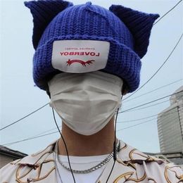 BeanieSkull Caps Cute Fashion Hooded Cap Loverboy Cat Ear Knit Hat Doublelayer Warm Pig Ear Woolen Hat Niche Design Hiphop Persona215R