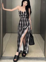 Casual Dresses Retro Plaid Long Slit Dress Sexy Sleeveless Women Fashion Korean Slim 2023 Summer Y2k Clothing