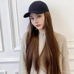 Ball Caps Fashionable black hat white pea baseball hat with wig women's summer K-pop long straight hair hat women's hat wig 231207