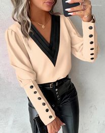 Women's Blouses Female Pullover Tops Elegant Contrast Panelled Gigot Sleeve Buttoned Top 2023 Autumn Winter Spring Fashion Casual
