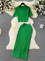 Work Dresses SINGREINY Casual Two Piece Sets Women Summer O Neck Top Elastic Waist Long Skirt Fashion Office Lady Korean Knit Suit