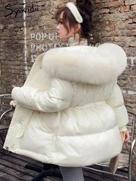 Women s Vests Syiwidii 90 Duck Down Jacket Women Hooded Coat Windproof Belted Thick Fur Collar Solid Zippers Warm Fashion Clothing 231207