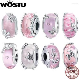 Loose Gemstones WOSTU 925 Sterling Silver Transparent Pink Glass Butterfly Charm Insect Flower Murano Beads Bracelet & Bangle Jewellery Gift