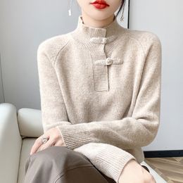 New Chinese style button up 100% wool sweater for women with a half high neck, loose and thickened knitted cashmere base sweater, retro style sweater