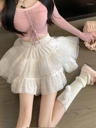 Skirts Lace Cake A-line Short Skirt Autumn 2023 Ballet Style High Waisted White Mesh Fluffy For Women Korean