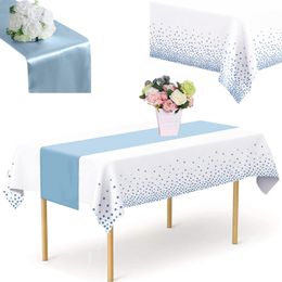 1Set Disposable Plastic Tablecloths and Satin Table Runner, 54 x 108 Inch Tablecloth, 12 x 108 Inch Table Runners for Wedding Graduation Birthday Party