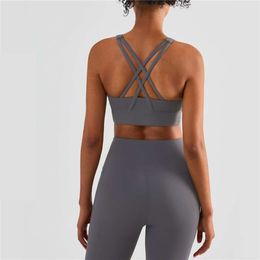 Lu Lu Yoga Outfit Solid Colour Women Fitness Bra Fleece Round Neck Sport Align Lemons Tank Top Cross Back Underwear Vest Chest Pad Training