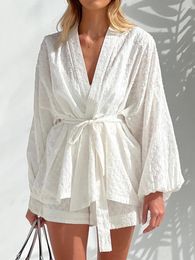 Women's Sleepwear Marthaqiqi White Cotton Pyjamas For Women Casual Long Sleeve Lace-Up Robes With Shorts Set Jacquard Weave Pyjama Sets