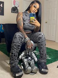Women s Two Piece Pants Hole Hollow Out Tracksuits Outfit 2 Sets Hoodie Crop Tops Grey Streetwear Matching Patchwork Suits 2023 231207