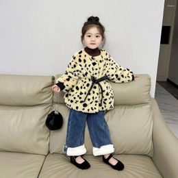 Jackets 2023 Autumn/Winter Girls' Leopard Pattern Wool Sweater With Cotton Warm Korean Coat Winter